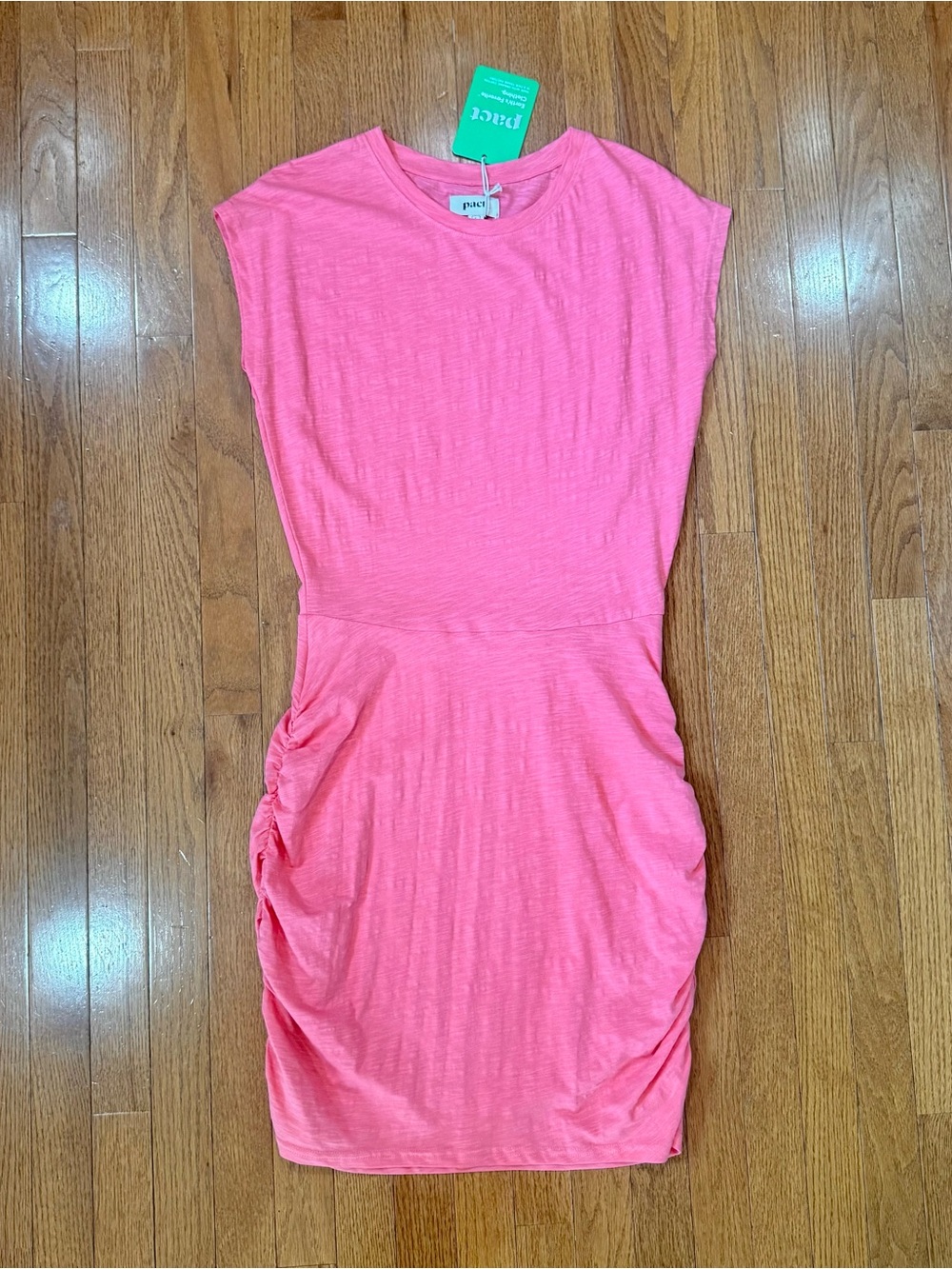 Pact Women’s Large Day To Night Ruched Dress 100% Organic Cotton New NWT Coral